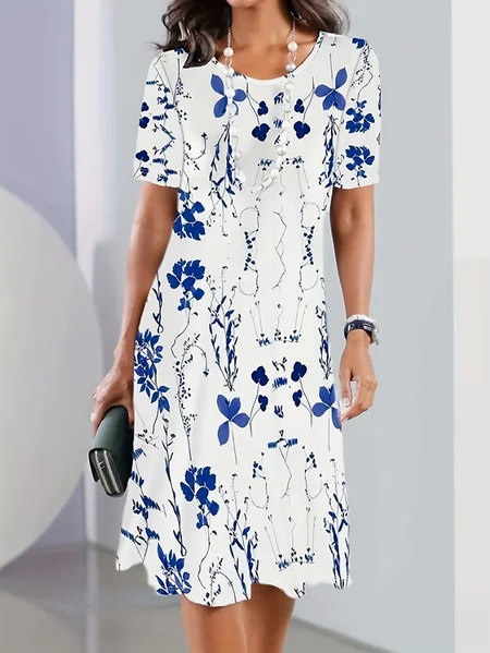 

Women Floral Summer Printing Dress Crew Neck Short Sleeve Tunic H-Line Dress, White, Dresses