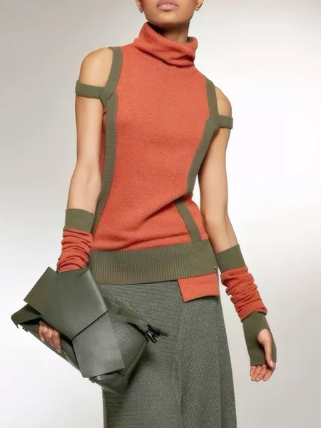 

Casual Color Block Turtleneck Sweater With Separate Sleeves, As picture, Pullovers