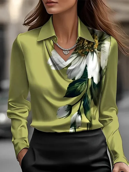 

Urban Floral Printing Shirt Collar Blouse, Green, Blouses and Shirts