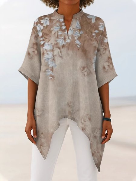 

Women Floral Half Sleeve Shirt Summer Printing V Neck Daily Vintage Top, Khaki, Blouses