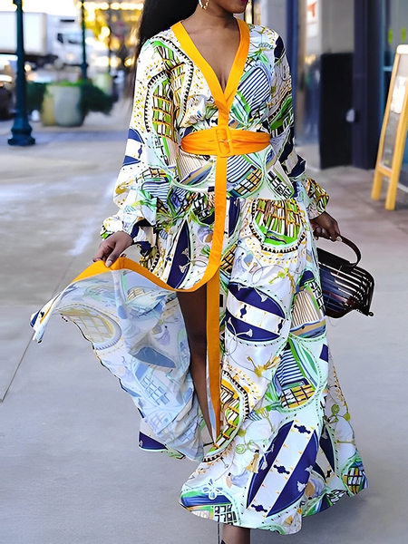 

Vacation Abstract Graphic Printing Maxi Dress With Belt, As picture, Maxi Dresses