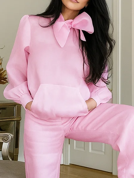 

Elegant Plain Lace-up Balloon Sleeve Blouse, Pink, Blouses and Shirts