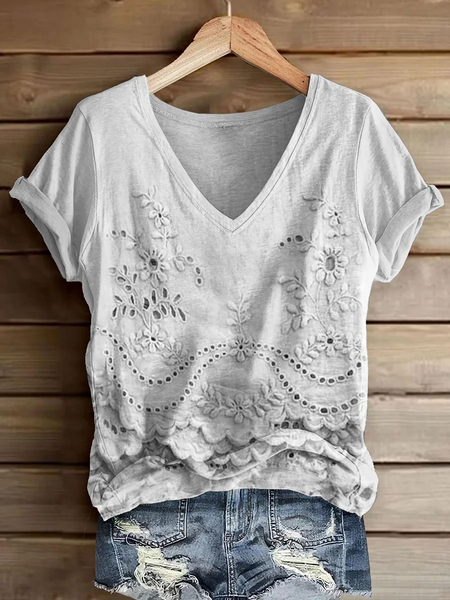 

Women Floral Short Sleeve Tee T-shirt V Neck Printing Casual Summer Graphic Tee Top, White, T-Shirts