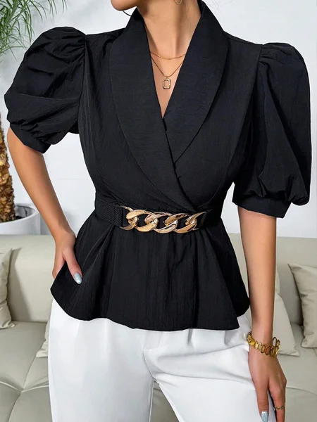 

Urban Plain Shawl Collar Puff Sleeve Blouse With Belt, Black, Blouses and Shirts