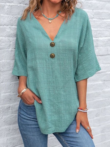 

V Neck Half Sleeve Plain Regular Micro-Elasticity Regular Fit Blouse For Women, Green, Blouses