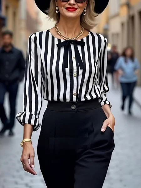 

Urban Striped Printing Crew Neck Shirt, Black-white, Blouses and Shirts