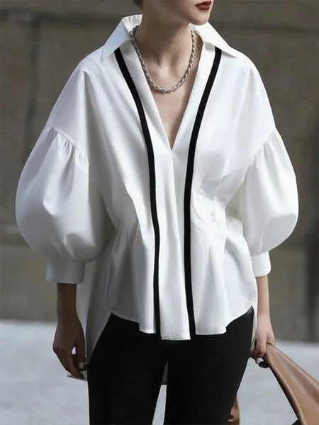 

Cotton Urban Black And White Colorblock Webbing Shirt Collar Balloon Sleeve Shirt, Black-white, Blouses and Shirts