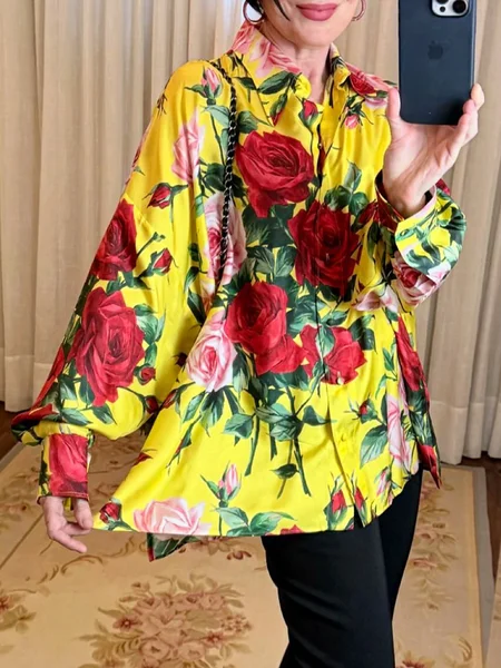 

Elegant Floral Printing Shirt Collar Raglan Sleeves Shirt, Yellow, Blouses and Shirts