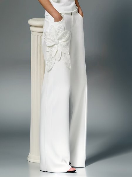 

Elegant Plain Wide Leg Fashion Pants With Flower, White, Pants