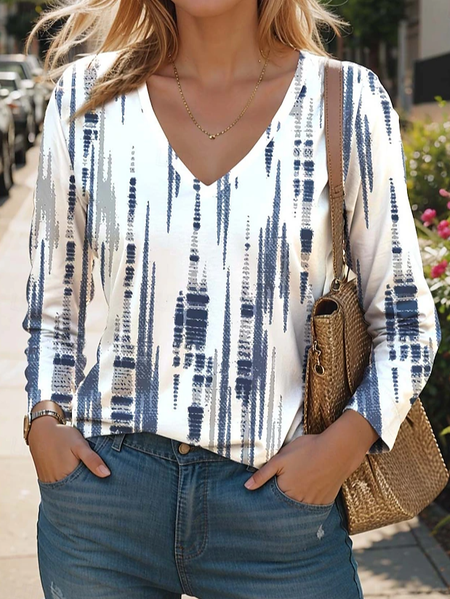 

Vintage Geometric V Neck Long Sleeve T-shirt, Blue, T-shirts