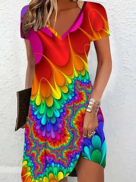 

Women Abstract Short Sleeve Summer Dress V Neck Daily Casual Midi Fit & Flare Dress A-Line Dress, As picture, Casual Dresses