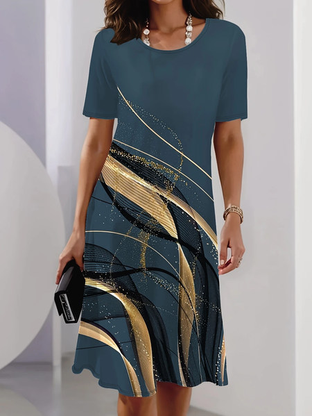 

Women Abstract Summer Printing Dress Crew Neck Short Sleeve Tunic H-Line Dress, Deep blue, Dresses