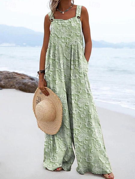 

Women Floral Spaghetti Sleeveless Casual Summer Cotton Jumpsuit, Green, Sets