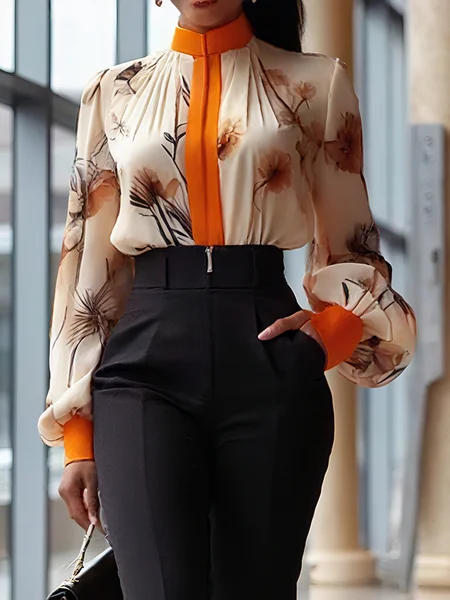 

Elegant Floral Printing Stand Collar Shirt, Orange, Blouses and Shirts
