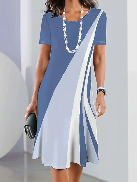 

Women Abstract Summer Printing Dress Crew Neck Short Sleeve Tunic H-Line Dress, Blue, Dresses