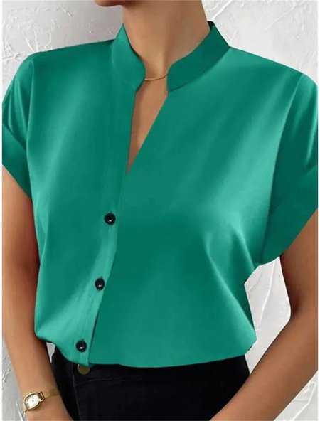 

V Neck Short Sleeve Plain Regular Loose Shirt For Women, Green, Shirts