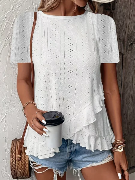 

Casual Geometric Crew Neck Short Sleeve T-shirt, White, T-shirts