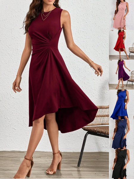 

Women Plain Summer Split Joint Dress Crew Neck Sleeveless Tank A-Line Dress, Wine red, Dresses