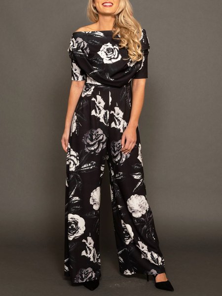 

Urban Off Shoulder Sleeve Printing Floral Jumpsuit, Black, Jumpsuits