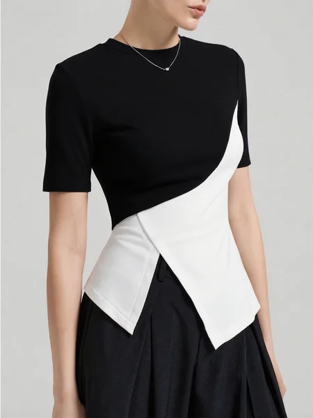 

Casual Black And White Colorblock Split Joint Crew Neck T-shirt, Black-white, Tees