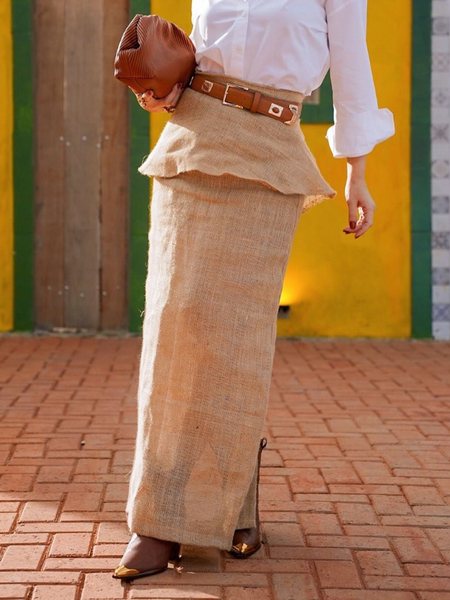 

Elegant Plain Maxi Skirt No Belt, Light khaki, Skirts