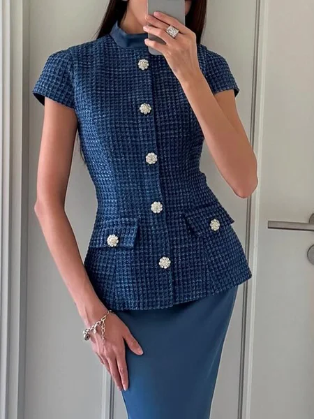 

Elegant Buttoned Plain Crew Neck Jacket, Blue, Jackets