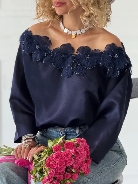 

Satin Elegant Plain 3D Floral Off The Shoulder Blouse, Deep blue, Blouses and Shirts