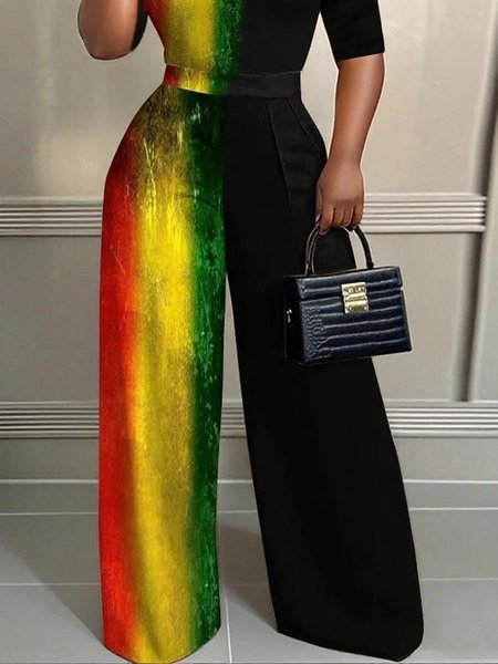 Urban Color Block Printing Wide Leg Pants