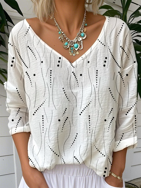 

Casual Striped V Neck Long Sleeve T-shirt, White, T-shirts