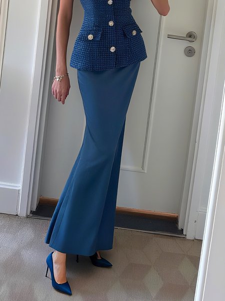

Satin Elegant Plain Maxi Skirt, Blue, Skirts