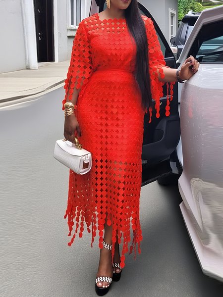 

Elegant Plain Embroidery Midi Dress, Red, Midi Dresses