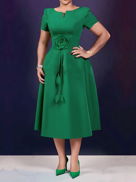 

Elegant Plain 3D Floral Crew Neck Dress, Green, Midi Dresses