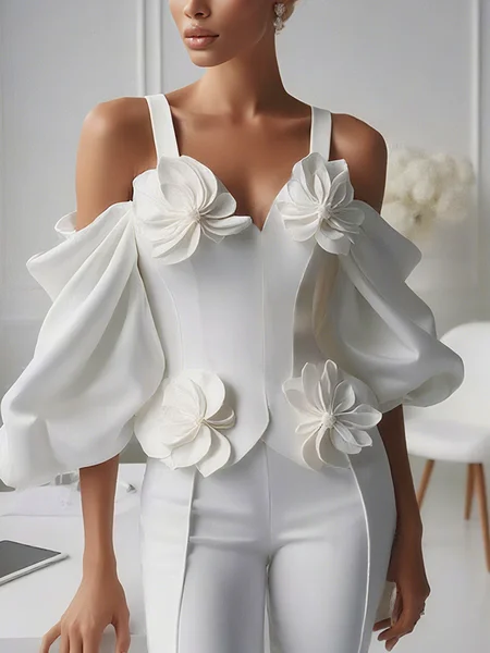 

Elegant Plain 3D Floral Spaghetti Balloon Sleeve Blouse, White, Blouses and Shirts