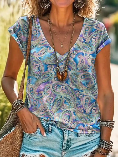 

Women Paisley Short Sleeve Tee T-shirt V Neck Printing Casual Summer Graphic Tee Top, Blue, T-Shirts