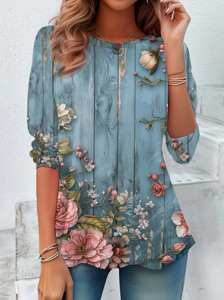 

Women Floral Long Sleeve Tee T-shirt Crew Neck Printing Casual Spring/Fall Graphic Tee Top, Blue, T-Shirts