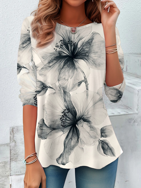 

Casual Floral Crew Neck Long Sleeve T-shirt, Apricot, T-shirts