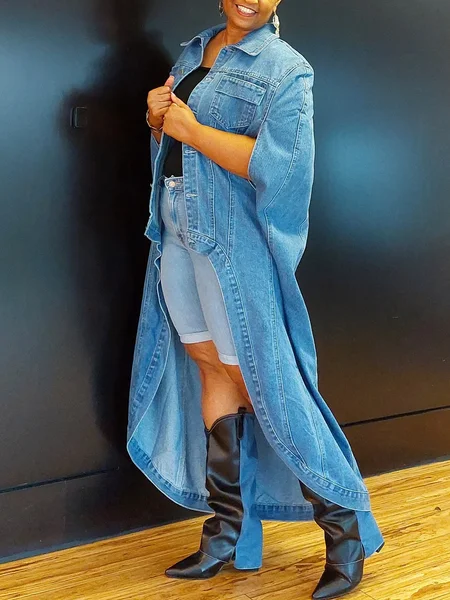 

Casual Plain Shirt Collar Denim Coat, Denim blue, Jackets