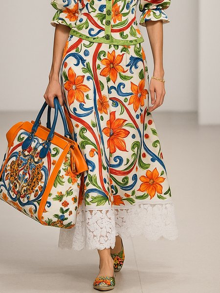 

Elegant Printing Floral Maxi Skirt, As picture, Skirts