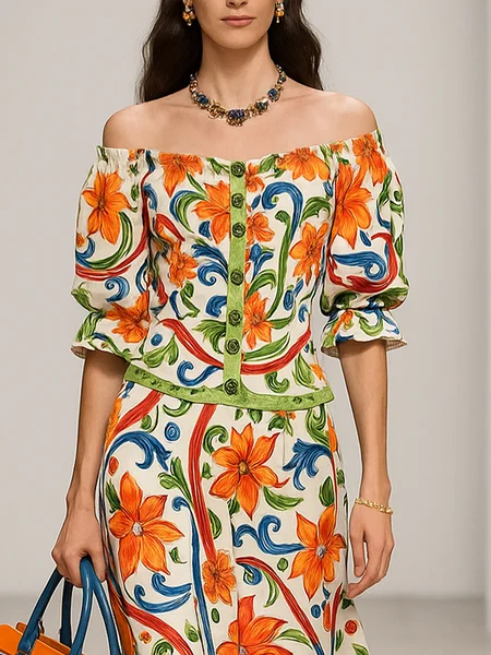 

Elegant Floral Printing Cold Shoulder Shirt, As picture, Blouses and Shirts