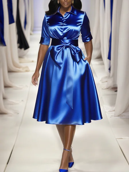 

Elegant Plain Shirt Collar Midi Dress With Belt, Blue, Midi Dresses