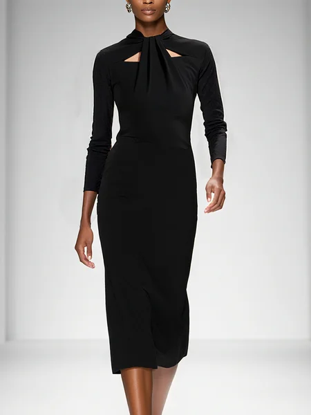 

Elegant Plain Hollow Out Midi Dress, Black, Midi Dresses