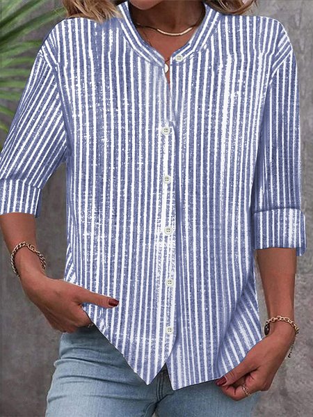 

Stand Collar Long Sleeve Striped Regular Loose Shirt For Women, Blue, Shirts