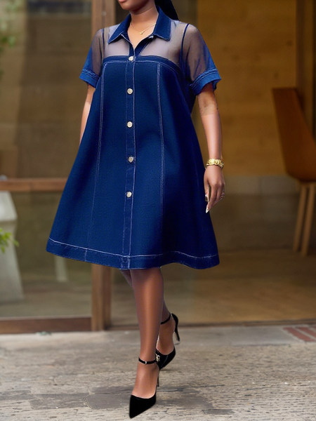 

Denim Urban Plain Knee Length Dress, Denim blue, Midi Dresses