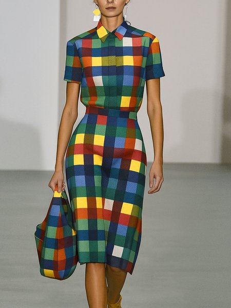 

Casual Plaid Printing Knee Length Dress, As picture, Midi Dresses