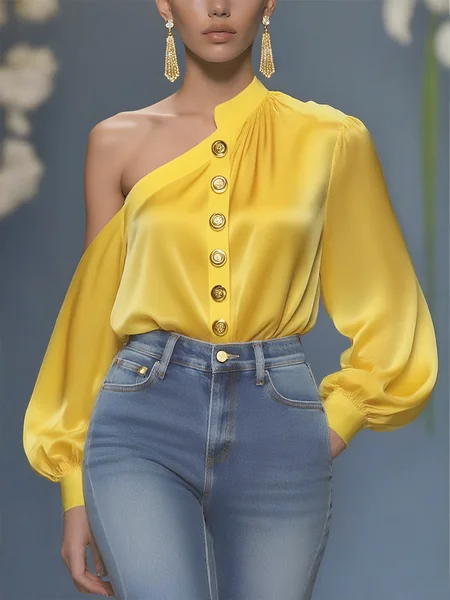 

Satin Elegant Plain Asymmetric Off Shoulder Sleeve Blouse, Yellow, Blouses and Shirts