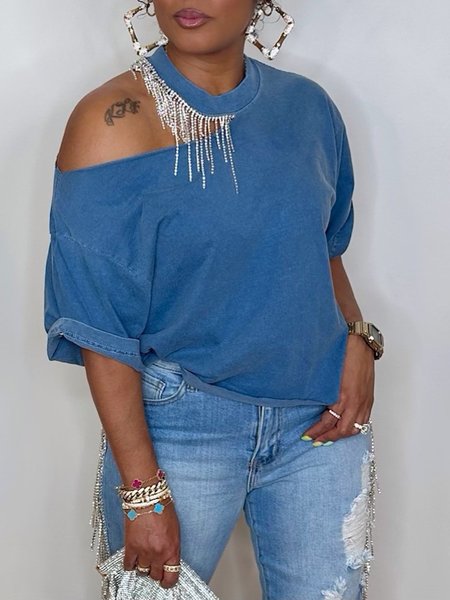 

Casual Plain Chain Crew Neck Off Shoulder Sleeve Blouse, Blue, Blouses and Shirts