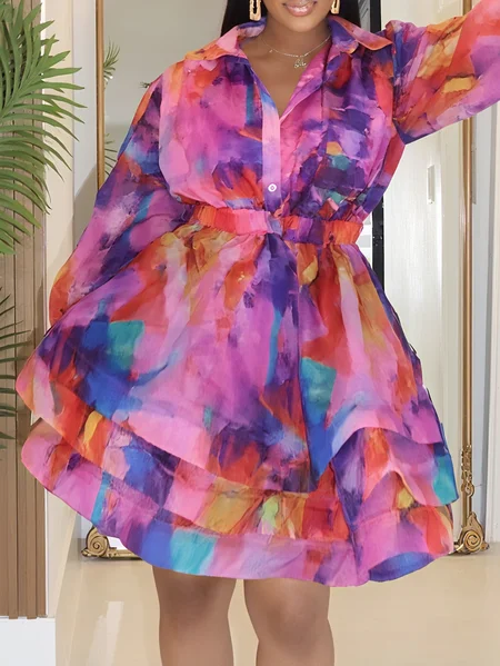

Elegant Random Print Folds Shirt Collar Knee Length Dress, Pink, Mini Dresses
