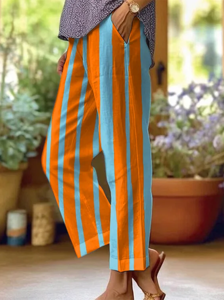 

Women Striped Long Pants Casual Spring/Fall Trousers, Orange, Pants