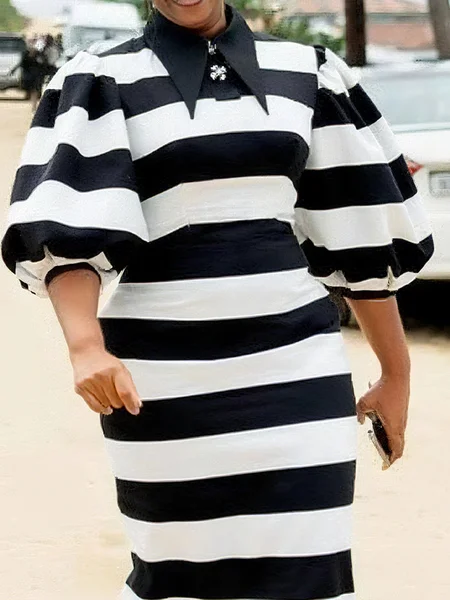 

Elegant Striped Ruched Shawl Collar Puff Sleeve Blouse, Black-white, Blouses and Shirts