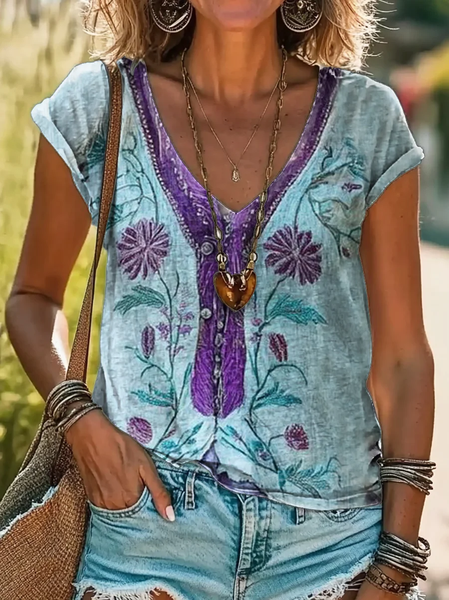 

Women Floral Short Sleeve Tee T-shirt V Neck Printing Casual Summer Graphic Tee Top, Blue, T-Shirts